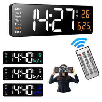 AGSIVO 16 Inch Digital Wall Clock Large LED Display with Remote Control / Automatic Brightness / Indoor Temperature / Date / Week / 12/24H For Home Office Classroom