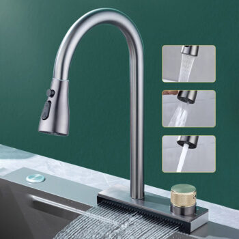 AGSIVO Waterfall Kitchen Sink Faucet with 3 Modes Pull Down Sprayer 360 Degree Rotation Single Hole Single Handle 304 Stainless Steel