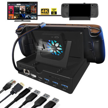 6-in-1 Type-C Docking Station Steam Dock Stand with 3USB3.0 PD60W USB-C 4K@60Hz HDMI RJ45 Gigabit Network Multifunctional Dock Station with Cooling Fan for Phone TV Monitor Swtich Steam Deck