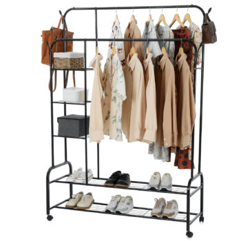 HONEIER Double Rods Clothes Rack Clothing Rack with Wheels 2-Tier Shoes Rack 3-Tier Shelves Garment Rack for Hanging Clothes