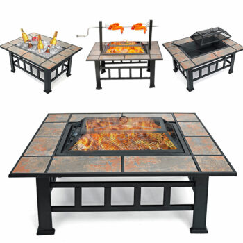 SINGLYFIRE 37 Inch Fire Pit Table with Grill for Outside Large Square Wood Burning firepit Heavy Duty Steel Pit Cooking with Spark Screen Log Grate Poker for Backyard Garden Camping