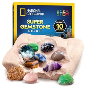 NATIONAL GEOGRAPHIC Super Gemstone Dig Kit - Excavation Gem Kit with 10 Real Gemstones for Kids