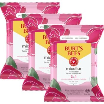 Burts Bees 3 in 1 Micellar Facial Cleanser and Makeup Remover Towelettes with Rose Water