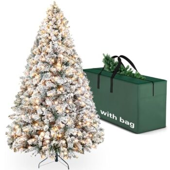 YouMedi 6.5ft Pre-Lit Snow Flocked Artificial Christmas Pine Tree