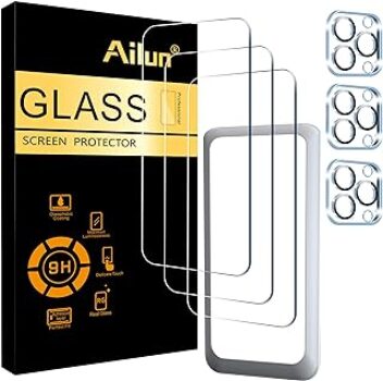 Ailun 3 Pack Screen Protector for iPhone 15 Pro Max [6.7 inch] + 3 Pack Camera Lens Protector with Installation Frame