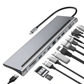 Bakeey 12-in-1 Type-C Docking Station USB-C Hub Splitter Adaptor with Dual 4K HDMI Display 1080P VGA 87W USB-C PD3.0 Power Delivery USB-C Data Transfer Port RJ45 Network Port 3.5mm Audio Jack 3*USB3.0 Memory Card Readers Multiport Hub for PC Laptop