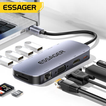 Essager 11 in 1 Type-C Docking Station 3*USB 3.2 Gen1 5Gbps HDMI 4K@30HZ VGA RJ45 1000Mbps PD Charger USB Hubs 100W For Macbook Air Pro Adapter Splitter