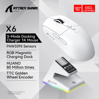 Attack Shark X6 bluetooth Mouse PixArt PAW3395 Tri-Mode Connection RGB Touch Magnetic Charging Base Macro Gaming Mouse