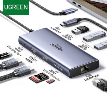 UGreen CM639 10 in 1 USB3.0 Hub Docking Station USB Adapter with USB2.0+2 or USB3.0 or HDMI Compatible+2 or USB AandUSB C or RJ45 or SD or TF Card Reader Slot for PC Laptop Huawei Xiaomi MacBook Pro