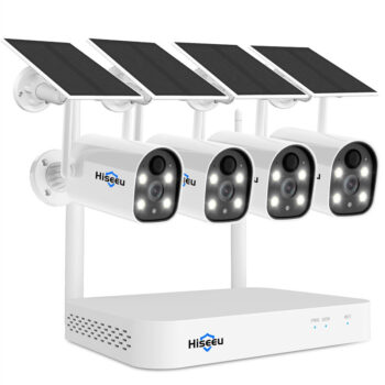 Hiseeu 8WK-4C40 4MP 1440P Wireless CCTV Security Camera System Kits Solar Powered Camera Spotlight Color Night Vision Motion Detection Two-way Audio IP66 Waterproof Outdoors Surveillance Cameras Work with Alexa