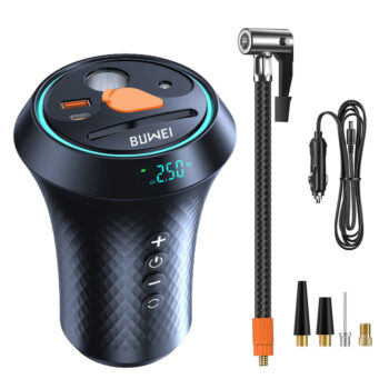 BUWEI 2 In 1 Portable Air Pump Cup Extender Car Charger Tire Inflator Air Compressor Car Inflator Pump Mobile Phone Fast Charging