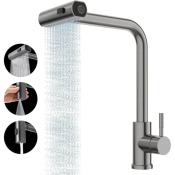 304 Stainless Steel Kitchen Faucet Pull Out Rotation Waterfall Stream Sprayer Brushed Nickel High Efficiency Cleaning Elegant Design Sink Mixer Tap Accessory - Gun Gray