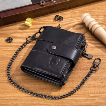 Bullcaptain Cow Leather Men Short Wallet with Chain Business Retro Double Zipper Coin Purse Bags Multi Card Slot Credit Card Holder