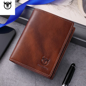 BULLCAPTAIN Men's Genuine Leather Thin Wallet Handmade Cowhide Short Coin Purse Clip Large Capacity RFID Blocking Wallet Business Casual Card Bag Gifts for Men