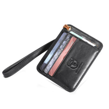 BULLCAPTAIN Men's Genuine Leather Wallet Business Credit Card Holder Mini RFID Protection Card Bag Thin Coin Purse with Rope