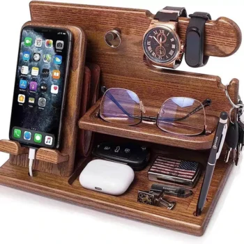 Multifunctional Desktop Charging Mobile Phone Holder Wooden Phone Storage Stand Key Holder Wallet Stand Watch Organizer