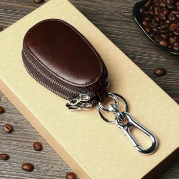 Men Genuine Leather Mini Car Key Case Minimalist Zipper Key Holder Storage Bag for Men Double Layer Key Slot Bag with Key Chain