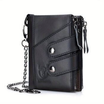 BULLCAPTAIN Genuine Leather Men's Short Wallet with Chain