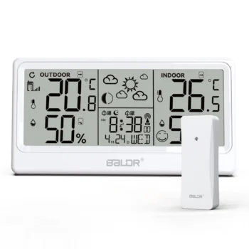 BALDR 8.5" LCD Screen Weather Station RCC Alarm Clock Digital Temperature Humidity Meter Weather Forecast Calendar Moon Phases Wireless Forecast Sensor