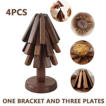 4Pcs Tree Shape Wood Insulated Cup Mat Wooden Coasters For Hot Dishes Folding Tree Shape Black Walnut Table Mats Holder Heat Insulated Pad Set Coasters For Pots