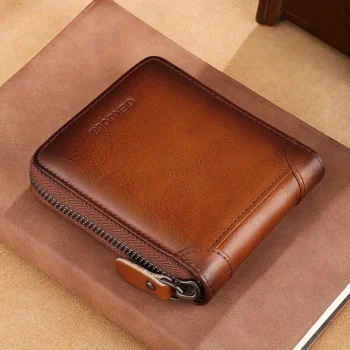 Ekphero Men's Genuine Leather Zipper Short Wallet