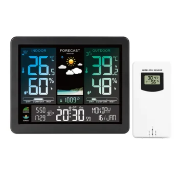 Digital Weather Station Alarm Clock Wireless Indoor Outdoor Thermometer with Atomic Clock Forecast Station with Calendar and Adjustable Backlight