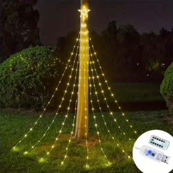 198 LED Five-Pointed Star Light Waterfall Light Water Trailing Light Christmas Holiday Decoration Light Garden Star Light String 8 Mode Function