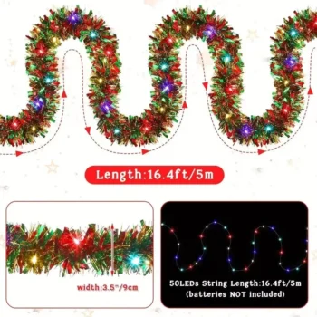 16.4ft/5m Christmas Decoration Holiday Garland Ruscus Grass Ribbon with Colorful Lights Christmas Garland Ribbon Lights 50 LEDs Battery Powered Hanging Decorations for Wedding Valentine's Day Thanksgiving Hanukkah Christmas